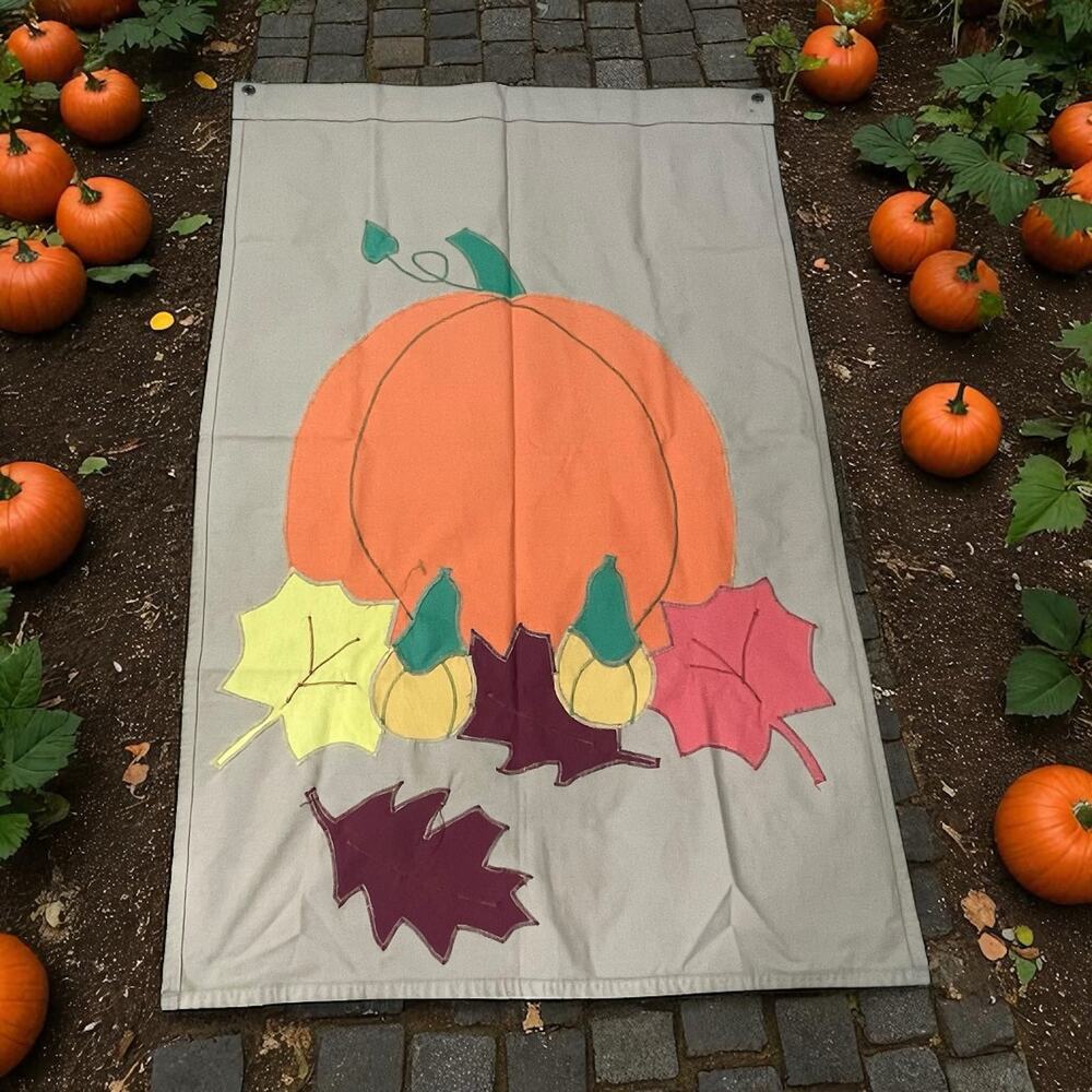 Fall Pumpkin Squash Leaves House Flag Outdoor Garden Decor Grommets Vintage 54"